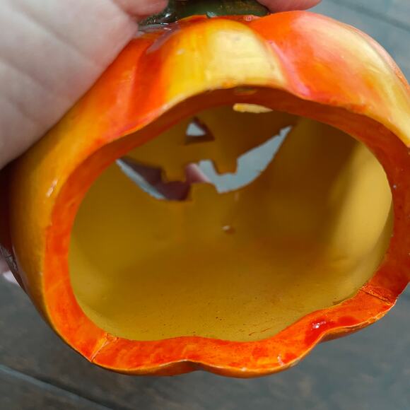 Ceramic Pumpkin Candle Holder Jack O Lantern Votive Tea Light Chelsea Home VTG - Picture 7 of 9